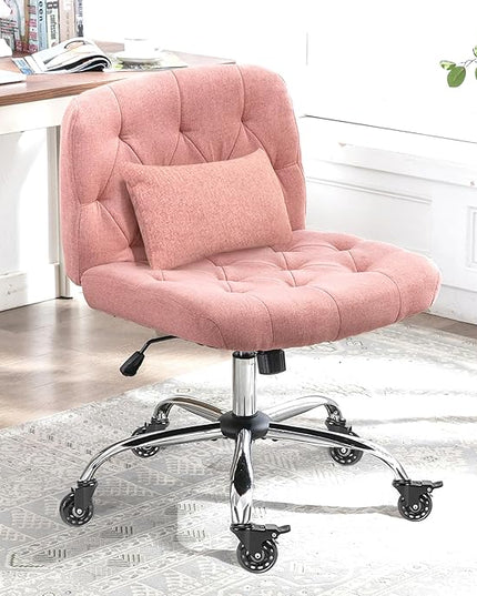 Criss Cross Chair with Wheels, Comfy Fabric Cross Legged Office Chair for Adult, Armless Wide Seat Desk Chair with Lumbar Pillow,Swivel Vanity Chair for Home Office, Conference (Pink) - LeafyLoom