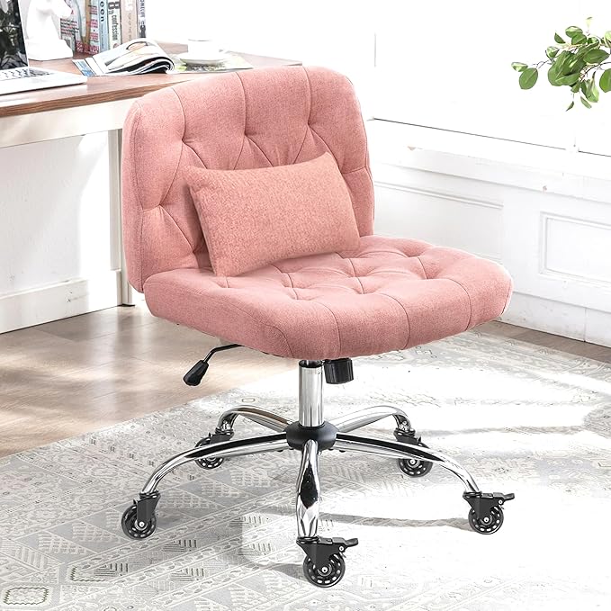 Criss Cross Chair with Wheels, Comfy Fabric Cross Legged Office Chair for Adult, Armless Wide Seat Desk Chair with Lumbar Pillow,Swivel Vanity Chair for Home Office, Conference (Pink) - LeafyLoom