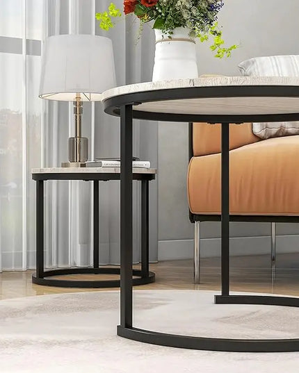 Round Coffee Table Set of 2 for Living Room,Black Small Coffee Table Living Room Table,Nesting Tables Metal Frame/Wood,Sturdy and Easy Assembly,Stacking Side Tables Bedroom,White Oak - LeafyLoom
