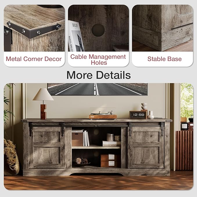 oneinmil TV Stand for 65” TV, Entertainment Center with Storage Cabinets and Sliding Barn Doors, Rustic Media TV Console Table for Living Room, Bedroom, Grey - LeafyLoom