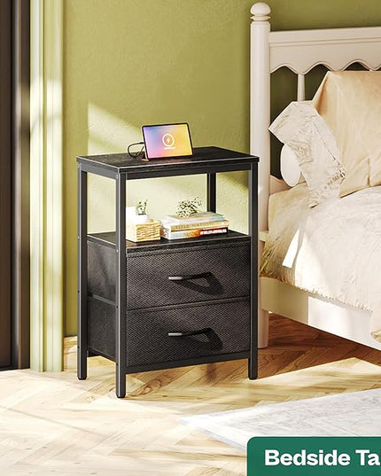 Nightstand with Charging Station, Side Table with Fabric Drawers, End Table with Open Shelf, Bedside Table with USB Ports and Outlets, Night Stand for Bedroom, Black - LeafyLoom