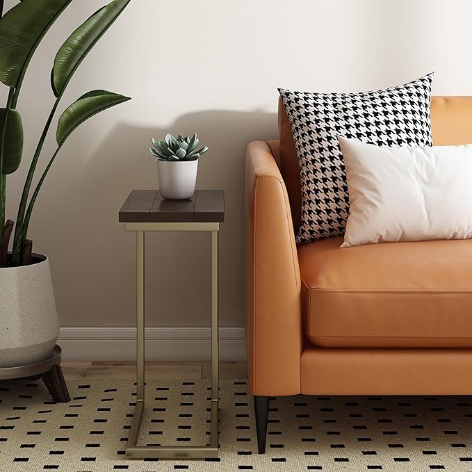 SIMPLIHOME Skyler SOLID MANGO WOOD and Metal 18 inch Wide Rectangle C Side Table in Dark Brown and Gold, Fully Assembled , for the Living Room and Bedroom - LeafyLoom