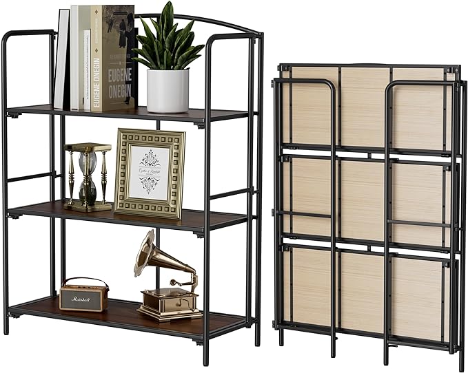 No Assembly Folding Bookshelf, 3 Tier Black Bookshelf, Metal Book Shelf for Storage, Folding Bookcase for Office Organization and Storage, 12.87" D x 30.9" W x 42.33" H - LeafyLoom