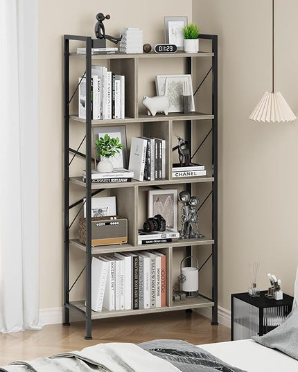 5 Tier Bookshelf with Storage, 61 Inch Tall Industrial Book Shelf with Open Display Bookshelves, 5 Shelf Bookcase with Metal Frame for Living Room, Bedroom and Home Office-Grey - LeafyLoom