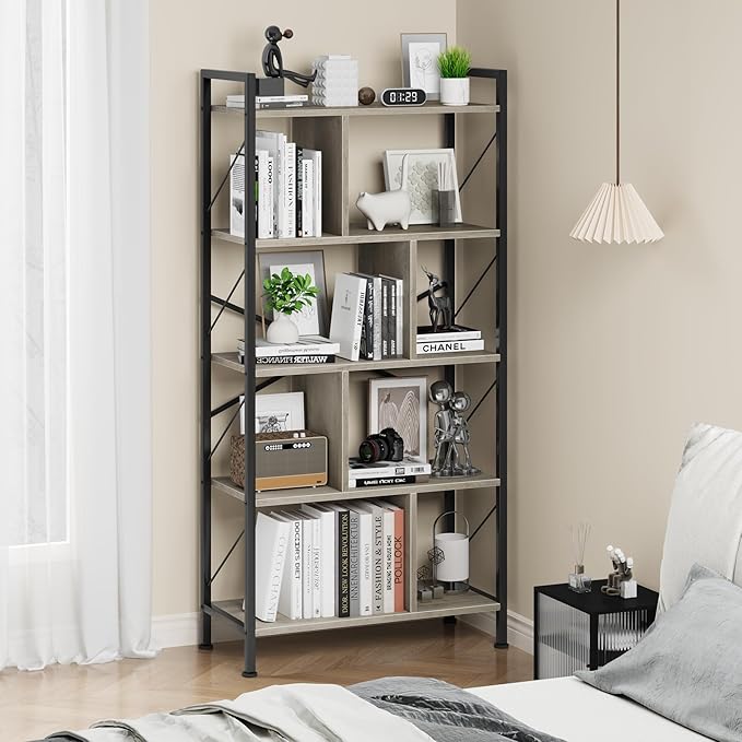 5 Tier Bookshelf with Storage, 61 Inch Tall Industrial Book Shelf with Open Display Bookshelves, 5 Shelf Bookcase with Metal Frame for Living Room, Bedroom and Home Office-Grey - LeafyLoom