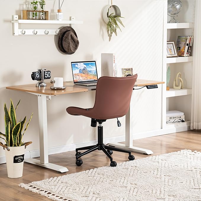 YOUNIKE Armless Office Chair with Wheels Leather Swivel Desk Chair Upholstered Adjustable Computer Task Chair Modern Rolling Vanity Chair Rocking Gaming Chair Dusty Rose Pink - LeafyLoom