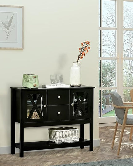 HOMCOM Coffee Bar Cabinet, Sideboard Buffet Cabinet, Kitchen Cabinet with Storage Drawers and Glass Door for Living Room, Entryway, Black - LeafyLoom