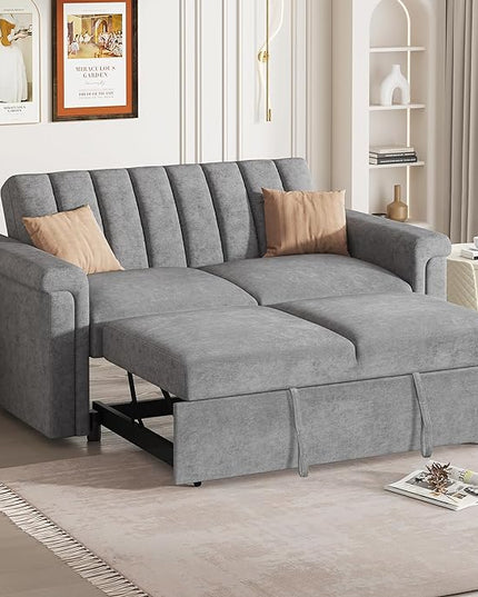 3 in 1 Oversized Convertible Loveseat Sleeper Sofa Bed,Contemporary Channel Tufted Love Seats Sofabed W/Pull Out Sleep Couch,Thicker Cushions and Padded Armrests for Living Room, 61", Grey-368 - LeafyLoom