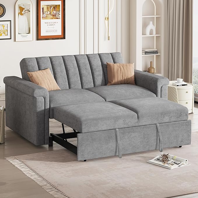 3 in 1 Oversized Convertible Loveseat Sleeper Sofa Bed,Contemporary Channel Tufted Love Seats Sofabed W/Pull Out Sleep Couch,Thicker Cushions and Padded Armrests for Living Room, 61", Grey-368 - LeafyLoom