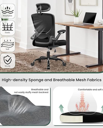 KERDOM Ergonomic Office Chair, Breathable Mesh Desk Chair with Headrest and Flip-up Arms for Office,Gaming,Computer Lumbar Support Swivel Task Chair, Adjustable Height,Black - LeafyLoom