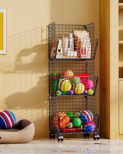 3 Tier Metal Wire Baskets - Toy Organizer Basket Shelf with Wheel, S-Hooks, Rolling Cart Hanging Storage Baskets for Child Room, Playroom, Bedroom, Kitchen (Black) - LeafyLoom