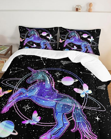 HOSIMA Unicorn Bedding Sets for Girls Kids,Butterfly Star Empty Galaxy Comforter,Unicorn Bedroom Decor for Girls Boys,Soft Microfiber Black King Size Comforter Set,Butterfly Crib Bedding Set. - LeafyLoom