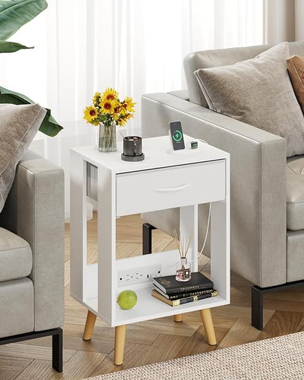 Nightstands Set of 2 with Charging Station and Fabric Drawer, Side Table with Storage for Bedroom, Night Stand with Open Wood Shelf for Bedroom, Bedside Tables - White - LeafyLoom