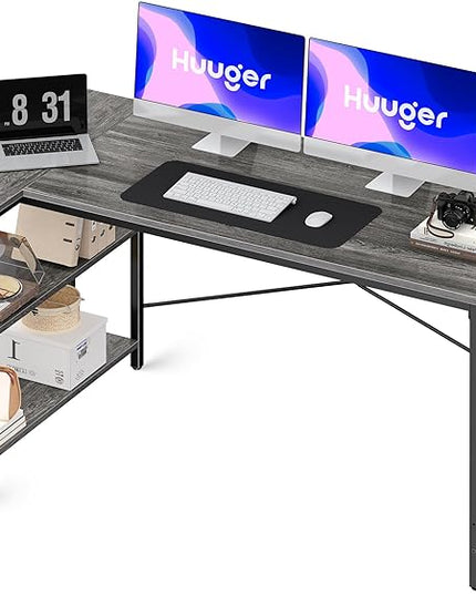 L Shaped Desk, 55 Inches Computer Desk with Reversible Storage Shelves, Gaming Desk, Corner Desk Home Office Desks, Writing Desk Study Desk with Metal Frame, Gray - LeafyLoom