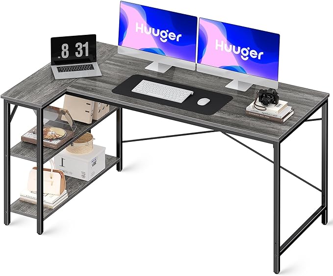 L Shaped Desk, 55 Inches Computer Desk with Reversible Storage Shelves, Gaming Desk, Corner Desk Home Office Desks, Writing Desk Study Desk with Metal Frame, Gray - LeafyLoom