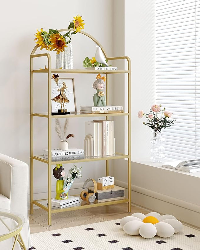 Bookcase Bookshelf, Tempered Glass Bookshelves, Slim Shelving Unit for Bedroom, Bathroom, Home Office, Steel Frame, 4 Tier Gold BC21499G - LeafyLoom
