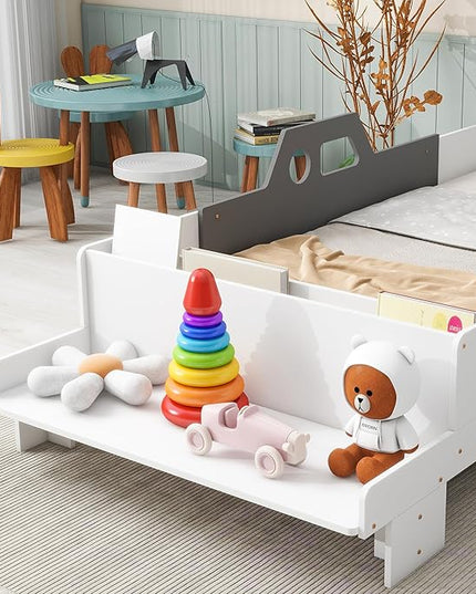 Twin Kid Bed with Headboard, Twin Bed with Footboard Bench,Wood Slat Support, Cute Kid Bed Frame with Book Storage Space, Twin Car Bed for Boys Girls Bedroom, No Box Spring Needed, White - LeafyLoom