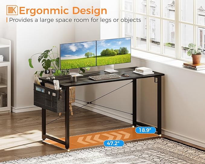 ODK Computer Desk Large Office Desk, 48 Inch Writing Desk with Storage, Modern PC Desk Work Table with Headphone Hook for Home Office, Black - LeafyLoom