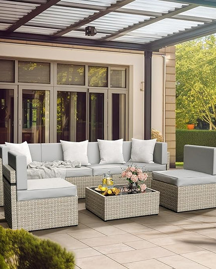 Pamapic Outdoor Sectional Furniture for 6,Wicker Patio Furniture,All-Weather Gray PE Rattan Sectional Sofa, Conversation Set with Washable Cushions Covers and Coffee Table for Garden Poolside - LeafyLoom