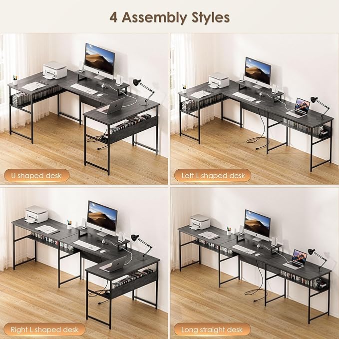79” U Shaped Desk with Power Outlets, Reversible L Shaped Gaming Desk with Storage Shelves, Large Corner Computer Desk with Monitor Stand, 2 Person Desk for Home Office, Grey Black - LeafyLoom