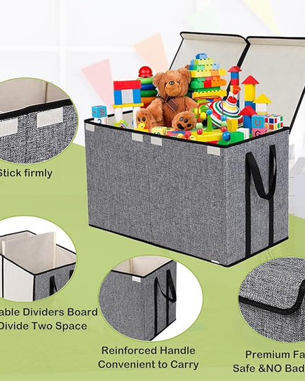 Large Kids Toy Box Chest Storage organizer with Double Flip-Top Lid - Collapsible Sturdy Toy Organizers And Storage Bins With Big Handles For Nursery, Playroom, 26.8"x13.8"x16"(Grey) - LeafyLoom