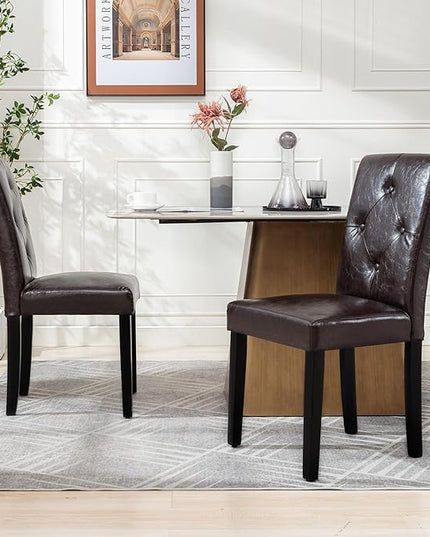 VECELO Upholstered Dining Chairs Set of 6 Modern PU Leather and Solid Wood Legs & High Back, Parsons for Kitchen/Living Room-Coffee - LeafyLoom