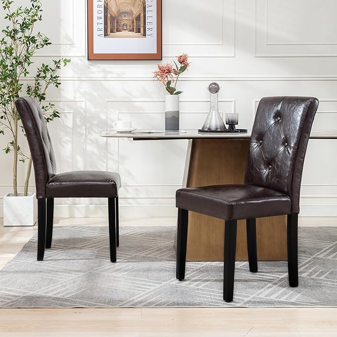 VECELO Upholstered Dining Chairs Set of 6 Modern PU Leather and Solid Wood Legs & High Back, Parsons for Kitchen/Living Room-Coffee - LeafyLoom