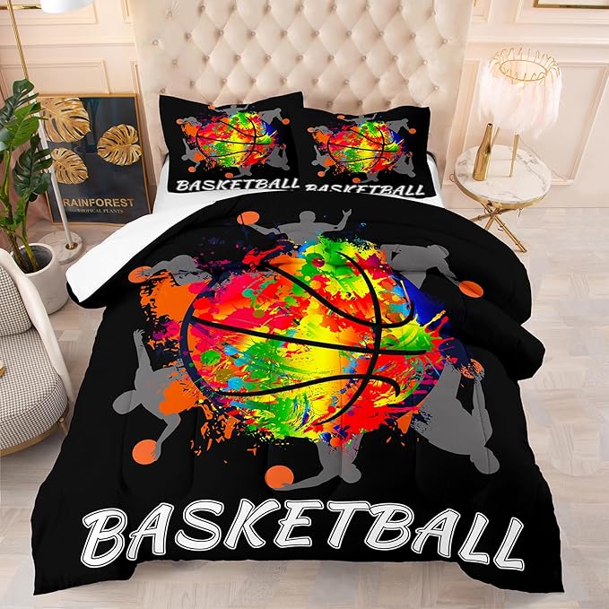 NINENINE Black Basketball Comforter Set for Boys Kids Teens Twin Size Sports Bedding Watercolor Tie-dye Comforter Color Graffiti Hip Hop Style Bed Set with 1 Comforter 1 Pillowcase - LeafyLoom