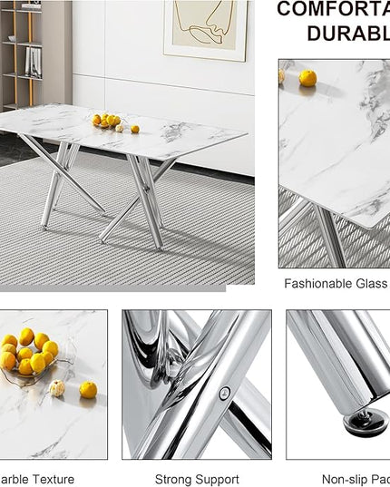NicBex Large Modern Simple Rectangular Glass Dining Table for 6-8 People with 0.39-Inch White Imitation Marble Desktop and Silver Metal Legs for Banquet Hall, White Marble + Silver - LeafyLoom