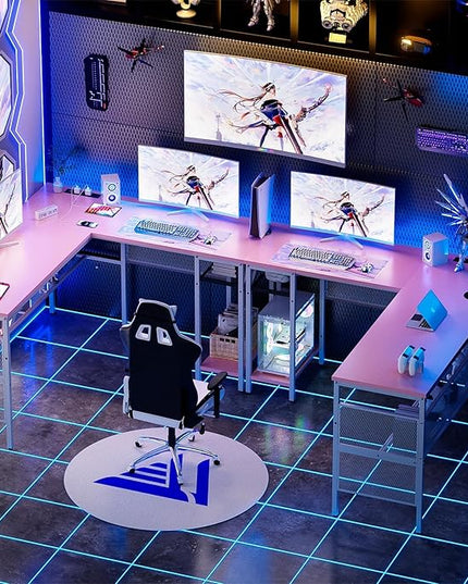 Reversible L Shaped Gaming Desk, Large Corner Computer Desks with Power Outlets and USB Ports, Sturdy Home Office Table with Storage Shelf, Attractive Grid Design Writing Desk, Pink - LeafyLoom