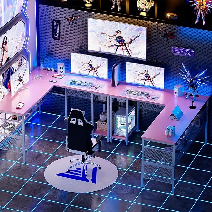 Reversible L Shaped Gaming Desk, Large Corner Computer Desks with Power Outlets and USB Ports, Sturdy Home Office Table with Storage Shelf, Attractive Grid Design Writing Desk, Pink - LeafyLoom