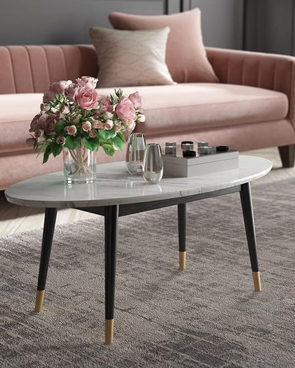 Elle Decor Clemintine Mid-Century Modern Living Room Furniture Collection, Oval Coffee Table, White Marble Print - LeafyLoom