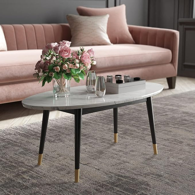 Elle Decor Clemintine Mid-Century Modern Living Room Furniture Collection, Oval Coffee Table, White Marble Print - LeafyLoom