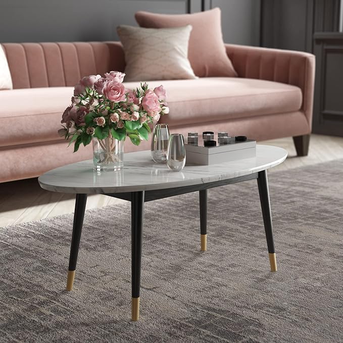 Elle Decor Clemintine Mid-Century Modern Living Room Furniture Collection, Oval Coffee Table, White Marble Print - LeafyLoom