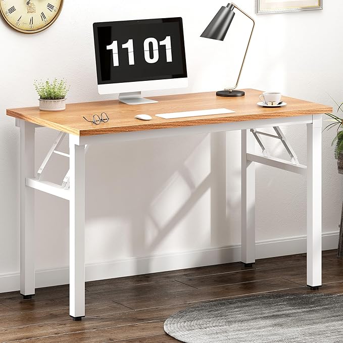 Need 39.4 inches Computer Desk for Small Space Small Folding Table Small Writing Desk Compact Desk Foldable Desk with BIFMA Certification, No Install Needed, Teak and White - LeafyLoom