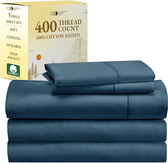 Split King Sheets for Adjustable Bed,Soft 100% Cotton Sheets, 400 Thread Count Sateen, 5 Pc Set-2 Twin-XL Fitted Sheets, Deep Pocket Sheets, Cooling Sheets, Beats Egyptian Cotton Claims (Peacock Blue) - LeafyLoom