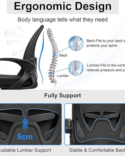 Primy Office Chair Ergonomic Desk Chair with Flip up Armrests Swivel Breathable Desk Mesh Computer Chair with Adjustable Lumbar Support and Height for Conference Room (Black) - LeafyLoom