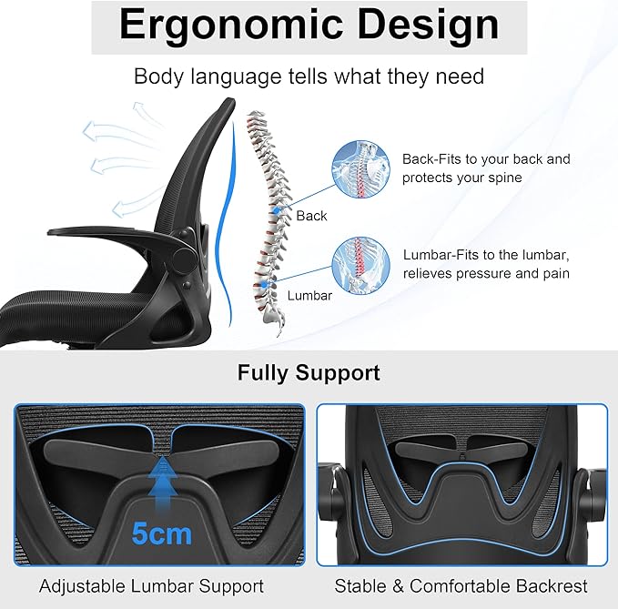 Primy Office Chair Ergonomic Desk Chair with Flip up Armrests Swivel Breathable Desk Mesh Computer Chair with Adjustable Lumbar Support and Height for Conference Room (Black) - LeafyLoom