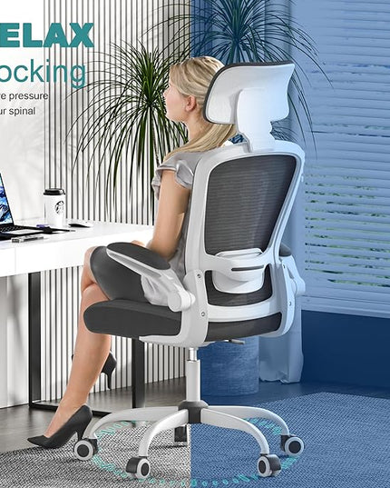 Mimoglad Office Chair, High Back Ergonomic Desk Chair with Adjustable Lumbar Support and Headrest, Swivel Task Chair with flip-up Armrests for Guitar Playing, 5 Years Warranty (Modern, Black) - LeafyLoom