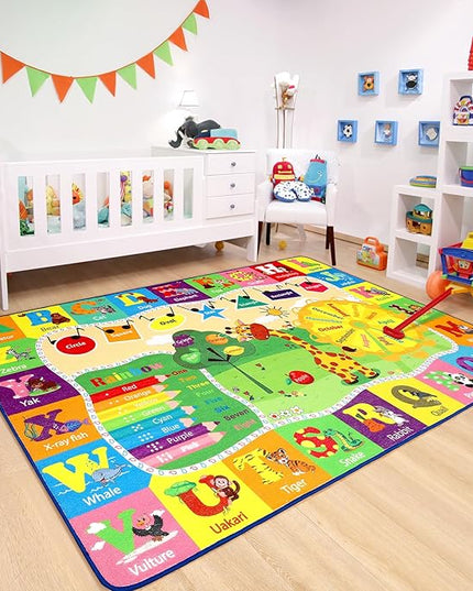 Chicrug Educational 3x5 Kids Area Rug for Playroom, TPR Non Slip Kids Classroom Carpet Rug for Learning ABC Animal, Shape Color Fruit, Washable Play Mat Rug for Children Nursery Toddler Room Decor - LeafyLoom