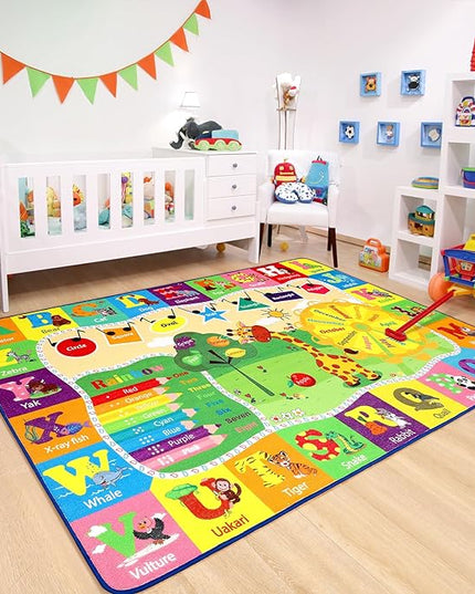 Chicrug Educational Kid Area Rug for Playroom, 6x9 Feet TPR Non Slip Kids Classroom Carpet Rug for Learning ABC Animal, Shape Color Fruit, Washable Play Mat Rug for Children Nursery Toddler Room Decor - LeafyLoom