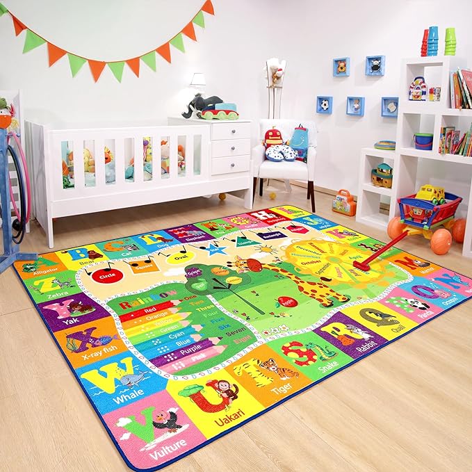 Chicrug Educational Kid Area Rug for Playroom, 6x9 Feet TPR Non Slip Kids Classroom Carpet Rug for Learning ABC Animal, Shape Color Fruit, Washable Play Mat Rug for Children Nursery Toddler Room Decor - LeafyLoom