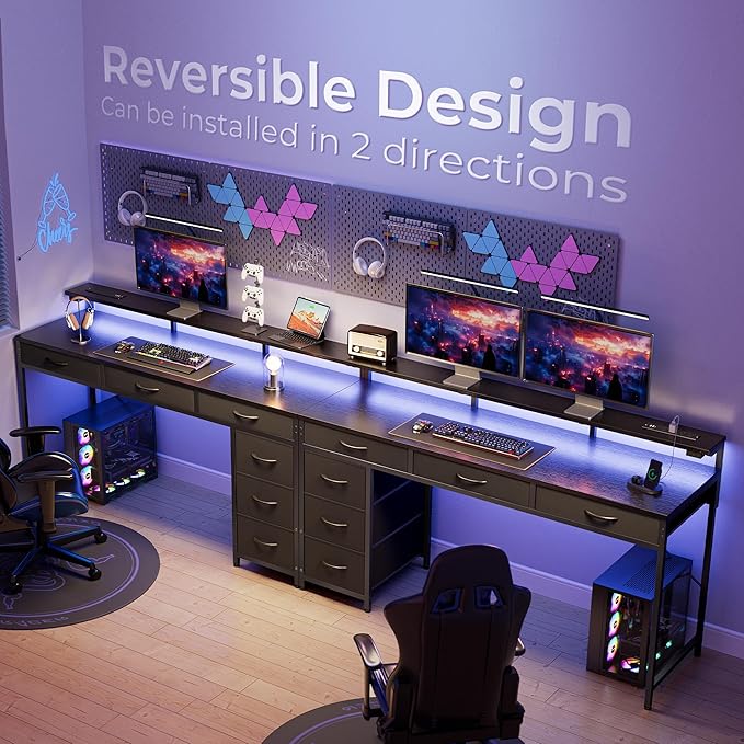 Gaming Desk with 6 Drawers, Computer Desk with LED Lights Power Outlets and Type-C, 54 Inch Office Desk with Storage, Monitor Stand, Writing Desk Work Desk Home Office, Bedroom, Study, Black - LeafyLoom