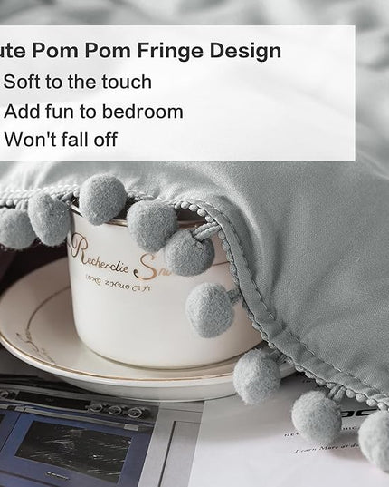 Litanika Queen Size Comforter Set Light Grey,3 Pieces Light Grey Boho Pom Pom Lightweight Bed Comforter, All Season Soft Solid Color Bedding Comforter Sets (1 Comforter 90x90 Inch, 2 Pillowcases) - LeafyLoom