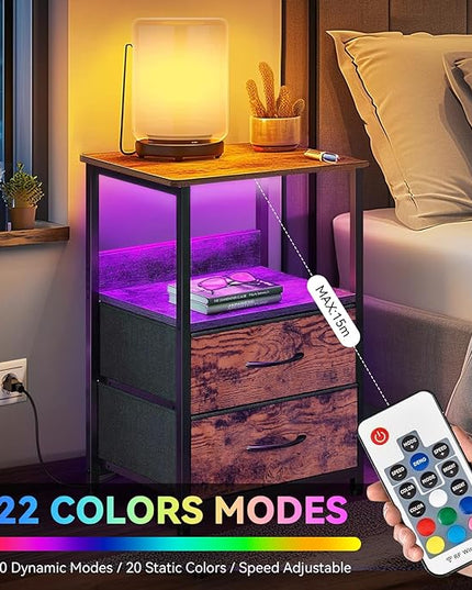 Nightstand with Charging Station, Bedside Table with LED Lights, Side Table with Fabric Drawers and Storage Shelf, Night Station with USB Ports & Outlets, Small End Table for Bedroom, Rustic Brown - LeafyLoom