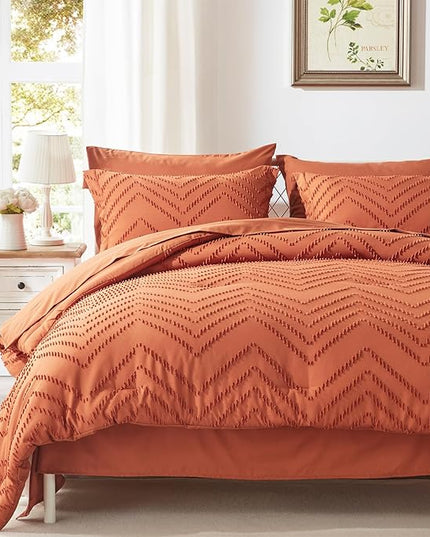 Anluoer Queen Comforter Set, Burnt Orange Tufted Bed in a Bag 7 Pieces with comforters and sheets, All Season Bedding Sets with 1 Comforter, 2 PillowShams, 2 Pillowcases, 1 Flat Sheet, 1 Fitted Sheet - LeafyLoom