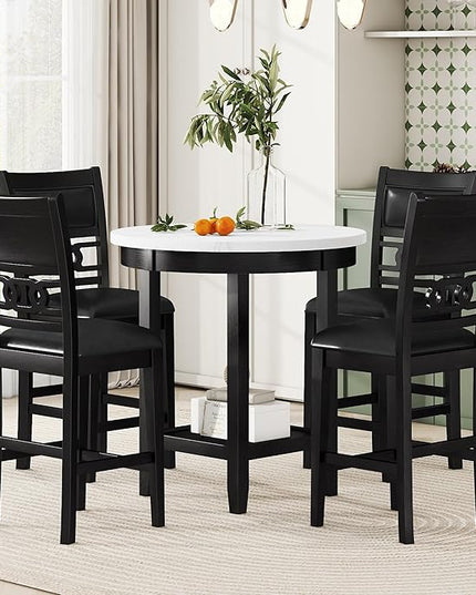 5-Piece Retro Counter Height Round Dining Table Set with Faux Marble Veneer and Bottom Shelf, 4 PU Leather Upholstered Chairs, for Kitchen, Breakfast Nook, Bar, Living Room, Dark Espresso - LeafyLoom