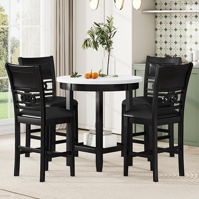 5-Piece Retro Counter Height Round Dining Table Set with Faux Marble Veneer and Bottom Shelf, 4 PU Leather Upholstered Chairs, for Kitchen, Breakfast Nook, Bar, Living Room, Dark Espresso - LeafyLoom