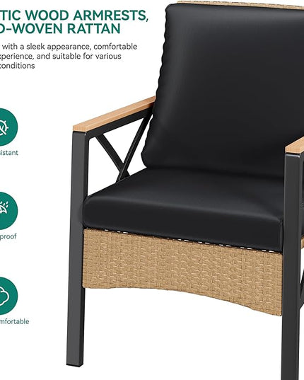 YITAHOME 4-Piece Patio Wicker Furniture Set with Wood Armrest, All Weather Rattan Conversation Furniture Sets for Backyard, Balcony, Deck w/Soft Cushions and Plastic Wood Table (Light Brown+Black) - LeafyLoom