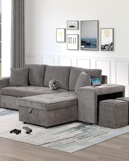L Shaped Reversible Sleeper Sectional Sofa Pull Out Couch Bed with Storage Chaise Lounge and 2 Stools, Button Tufted Chenille Upholstered Convertible Pullout Sofabed for Living Room Office - LeafyLoom